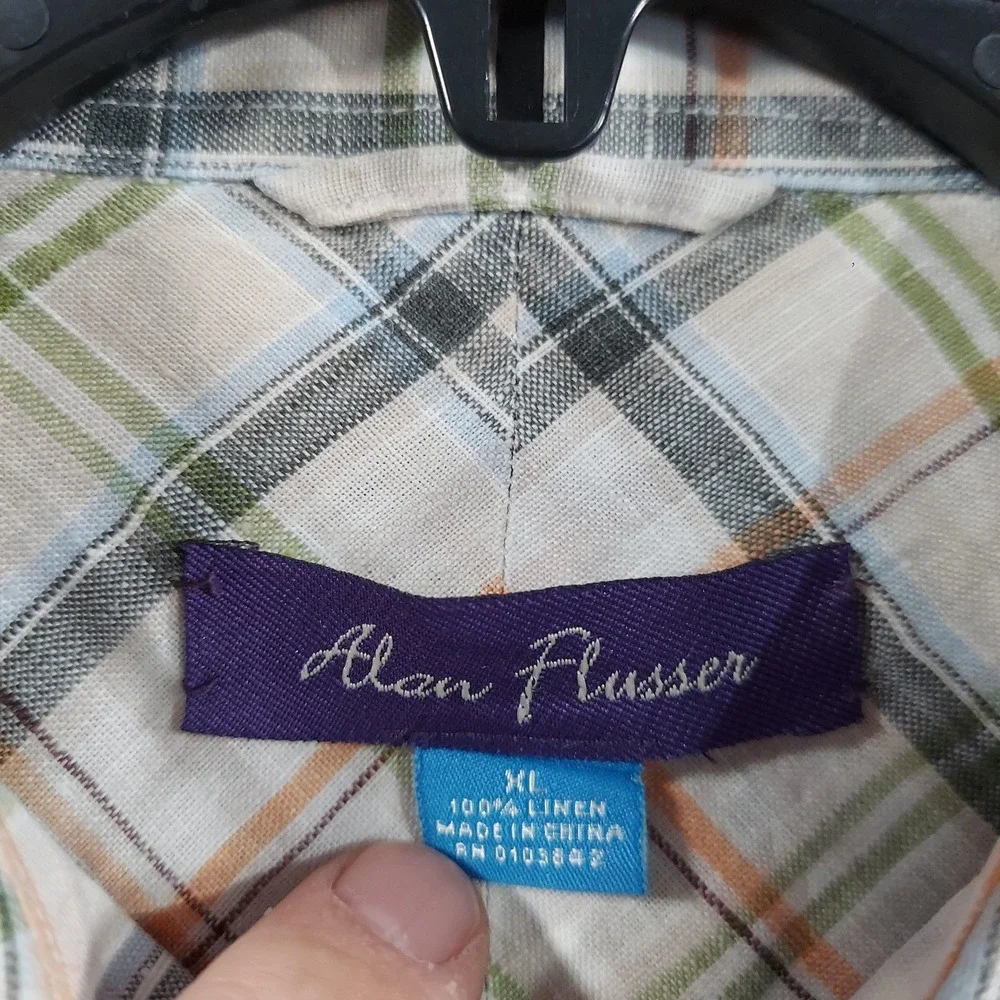 Alan‎ Flusser Shirt Mens XL Multicolor Plaid Short Sleeve Linen Button Up Casual